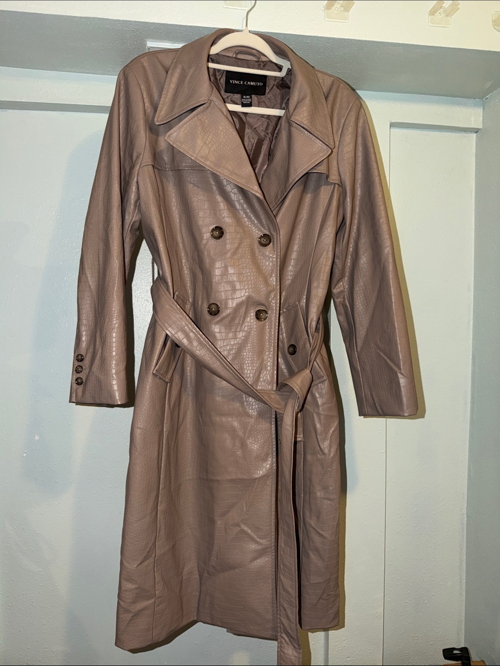 Women's Long Faux Leather Trench Coat - Taupe